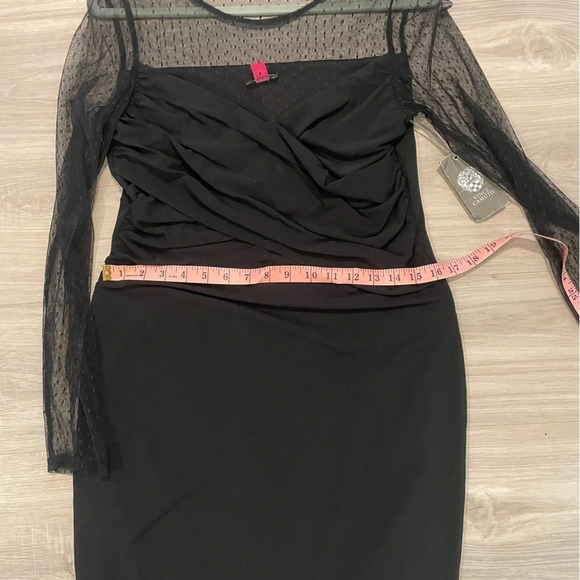 NWT Vince Camuto black dot mesh long sleeve mini dress with ruching medium - Picture 10 of 14